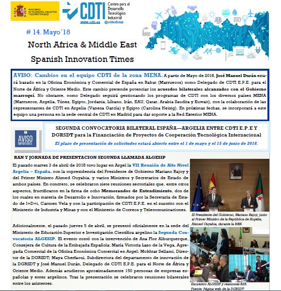 SpainnovaARGEL's tweet photo. 👉Ya esta disponible la XIV edición de nuestra Newsletter, mediante la cual el @CDTIoficial publicita su actividad en el ámbito de la I+D del Norte de África y Oriente Medio. Para recibirla mensualmente inscribirse a las listas de distribución: https://t.co/ugS1BWRWQ2 #Argelia https://t.co/nW8A2BnsI5