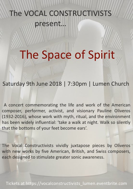 Constructivists's tweet photo. 2 dates for your diaries! On 27 May we join #contakt @Cafeoto in 'pieces for Pauline' and on 9 June we head to the beautiful Lumen Church for 'The Space of Spirit' juxtaposing Oliveros with new works designed to stimulate greater sonic awareness 👂@DeepListening https://t.co/0LQH3OliBN