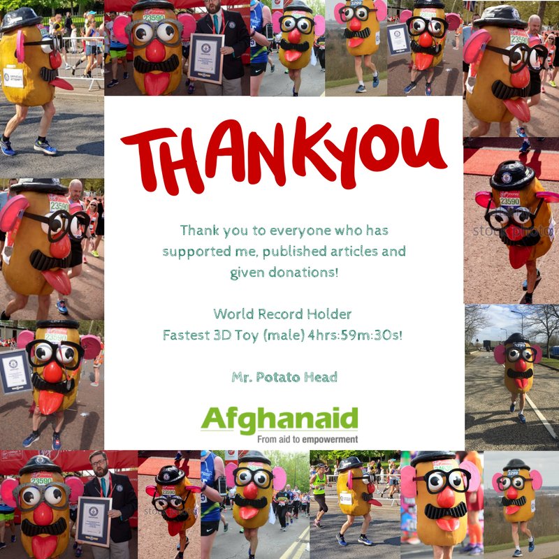 SpudHeadRunning's tweet photo. #ThankYou @Afghanaid #londonmarathon #running #mrpotatohead #spudhead #sponsorship #donations #ThursdayMotivation 
Absolutely blown away by all the support so thank you very much! 😀😀😀 https://t.co/noYNhsbUFe