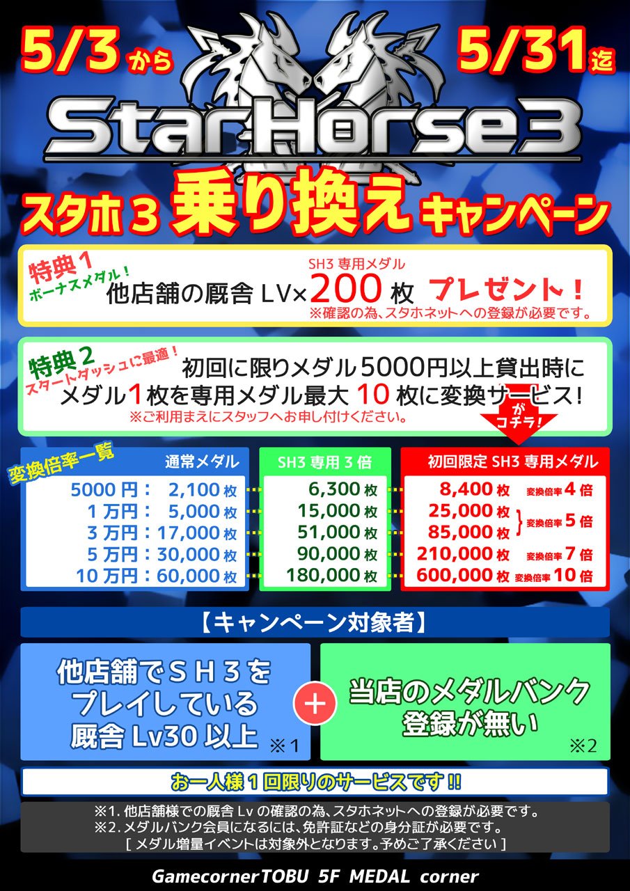 ゲームコーナー東部 公式 Sur Twitter Sh3 乗り換えキャンペーン 5 3 5 31 東部でもスタホ３の乗り換えキャンペーンがスタート 厩舎lv 200枚の専用メダルをプレゼント 詳しくはpopを見てね Https T Co 9qotrm1uej Twitter