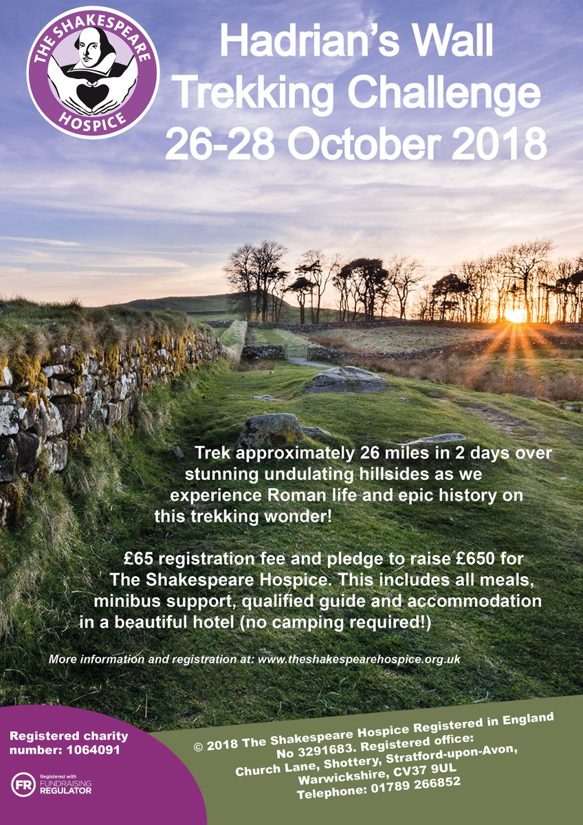 TheBardsHospice's tweet image. #SUAHour  Does anyone fancy trekking with a small group along Hadrian's Wall? Price includes staying at a gorgeous hotel (no camping required on this trek!) Places going fast so please book now to avoid disappointment.  #StratforduponAvon
theshakespearehospice.org.uk/EventEnhanced/…