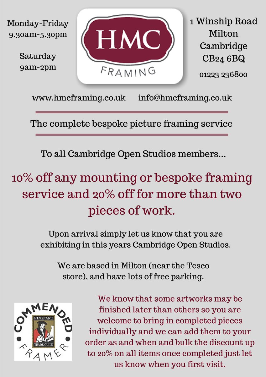 Cambridge Open Studios (@camopenstudios) on Twitter photo Our friends at <a href="/HMCFraming/">HMC Framing</a> have an offer for members participating in <a href="/CamOpenStudios/">Cambridge Open Studios</a> this July. Our friends at <a href="/HMCFraming/">HMC Framing</a> have an offer for members participating in <a href="/CamOpenStudios/">Cambridge Open Studios</a> this July.