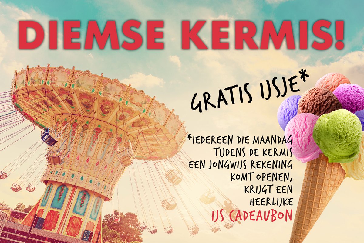 #GRATIS #IJS Open je tijdens de ‘Diemse kermis’ op maandag een #JongWijs rekening in onze Didamse vestiging, dan krijg je een ijs-cadeaubon! #Didam #kermis