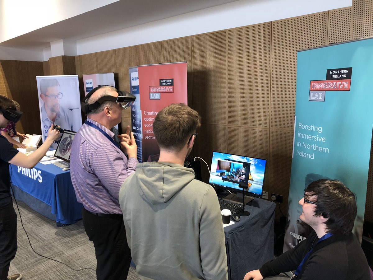 Our new piece of kit the <a href="/metaglasses/">Meta View</a> #Meta2 getting its first public airing @beltech2018 #AR <a href="/DigiCatapult/">Digital Catapult</a> <a href="/ImmersiveTechNI/">Immersive Tech NI</a>