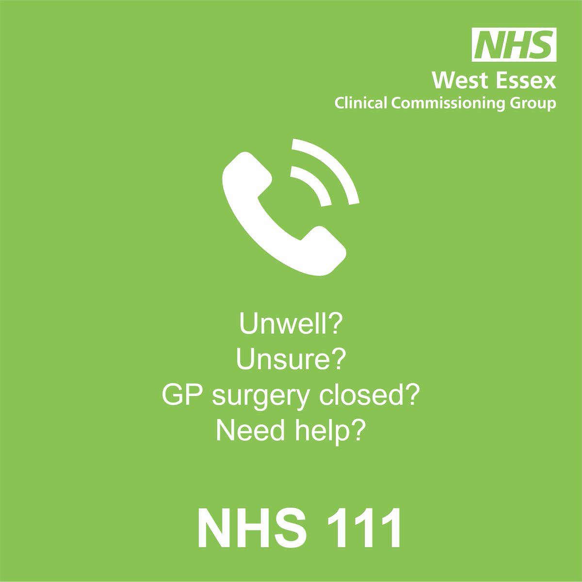 nhswestessex's tweet photo. Feeling unwell, unsure or your GP surgery is closed? Call NHS111 #111 #Healthhelpnow #yournhs #harlow #uttlesford #eppingforest https://t.co/XL64r7IYZO