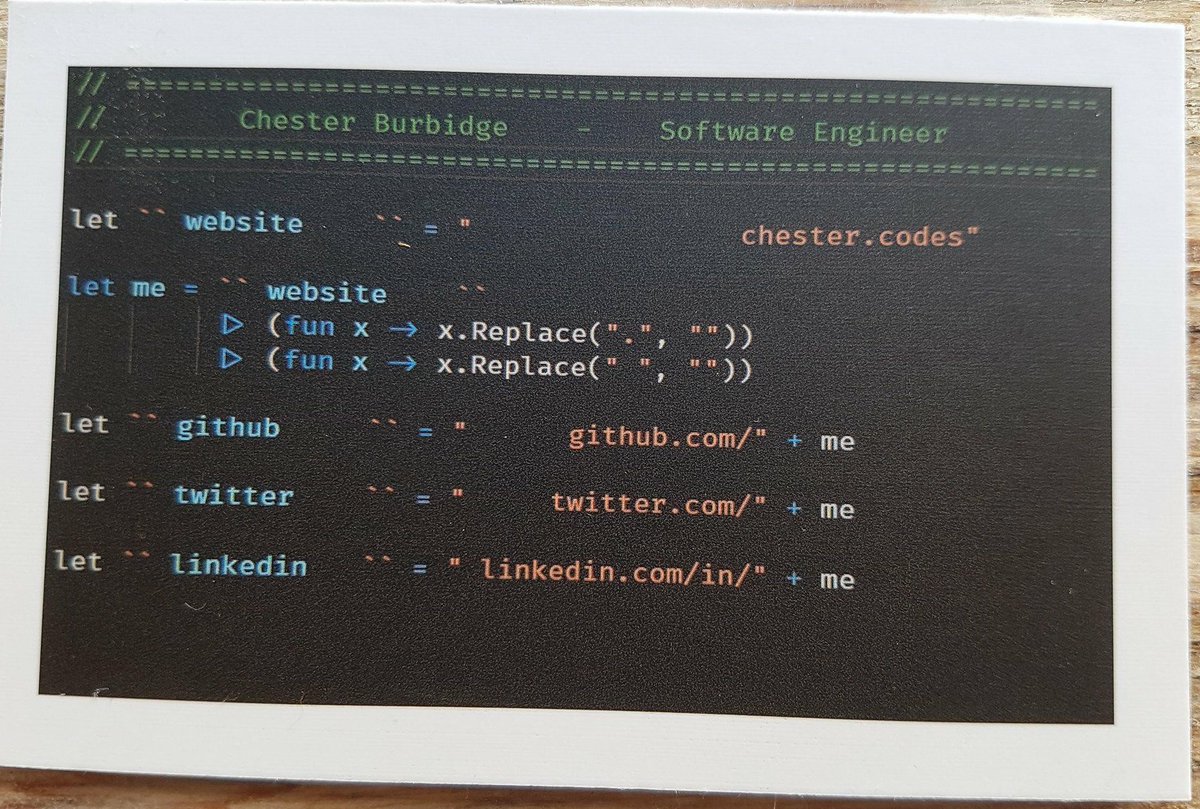 chestercodes's tweet photo. currently practicing #BusinessCardDrivenDevelopment with #FSharp https://t.co/ZMaK8RL8LD
