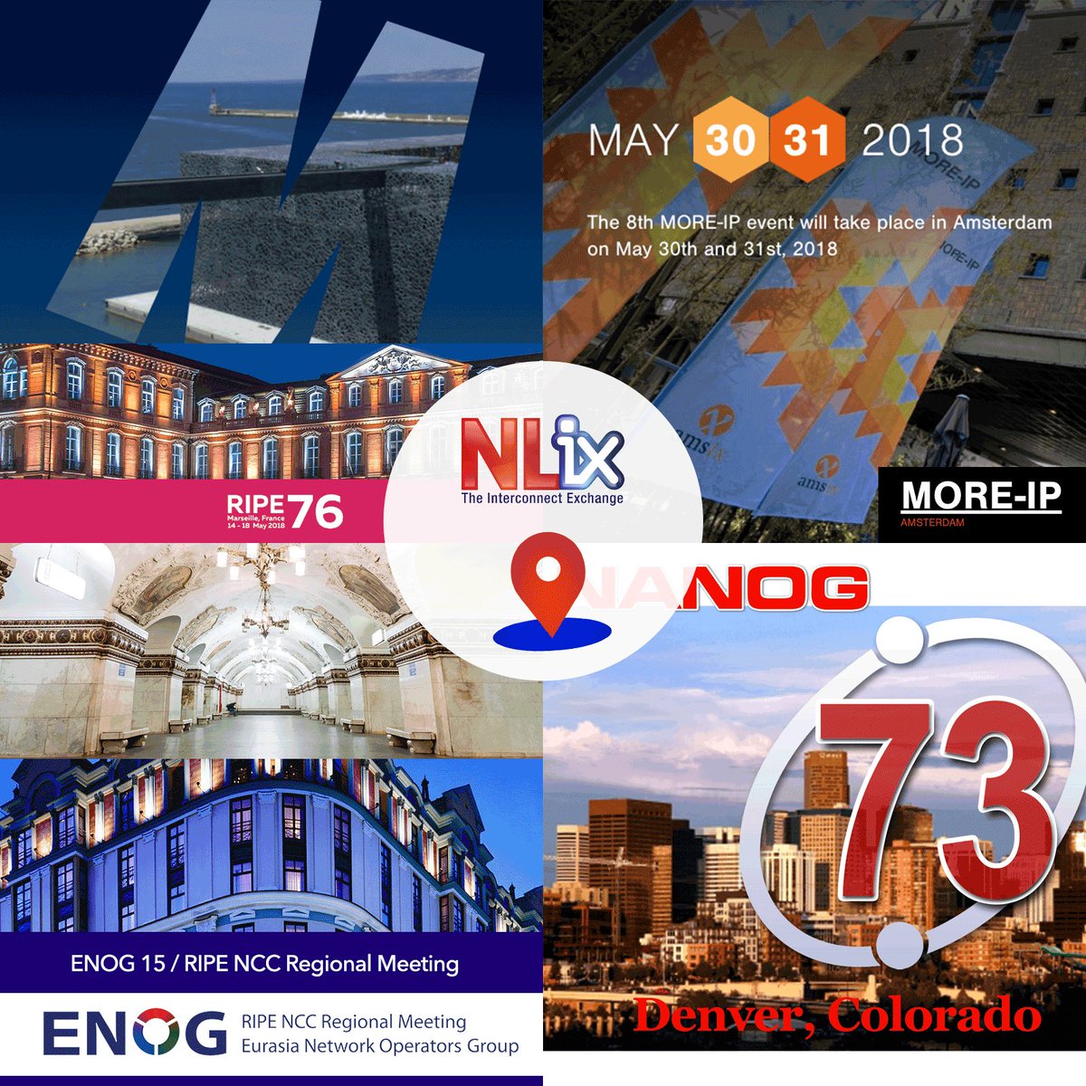 nl_ix's tweet photo. In May and June NL-ix will attend the following events: 🇫🇷 #RIPE76 🇳🇱 #MOREIP 🇷🇺 #ENOG15 and 🇺🇸 #NANOG73  ➡️ ❤ this tweet if we'll meet you at one of these events! https://t.co/TvWP7n7Kal