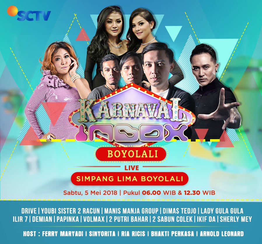 SCTV's tweet photo. Udah nggak sabar mau nonton @driVeindonesia, 2 Racun Youbi Sister, Manis Manja, @_DemianAditya_, @Papinka_Band, dan yang lainnya di #KarnavalInbox #InboxSCTV?

Yuk, #Nginbox bareng di Simpang Lima Boyolali besok pagi, pukul 06.00 WIB ya~ https://t.co/dA7QKmKIz4