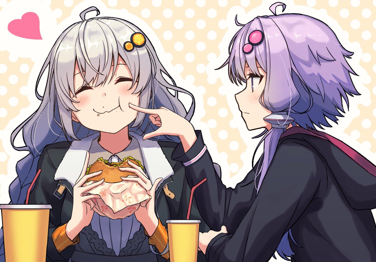 kizuna akari ,yuzuki yukari burger multiple girls 2girls food purple hair heart jacket  illustration images