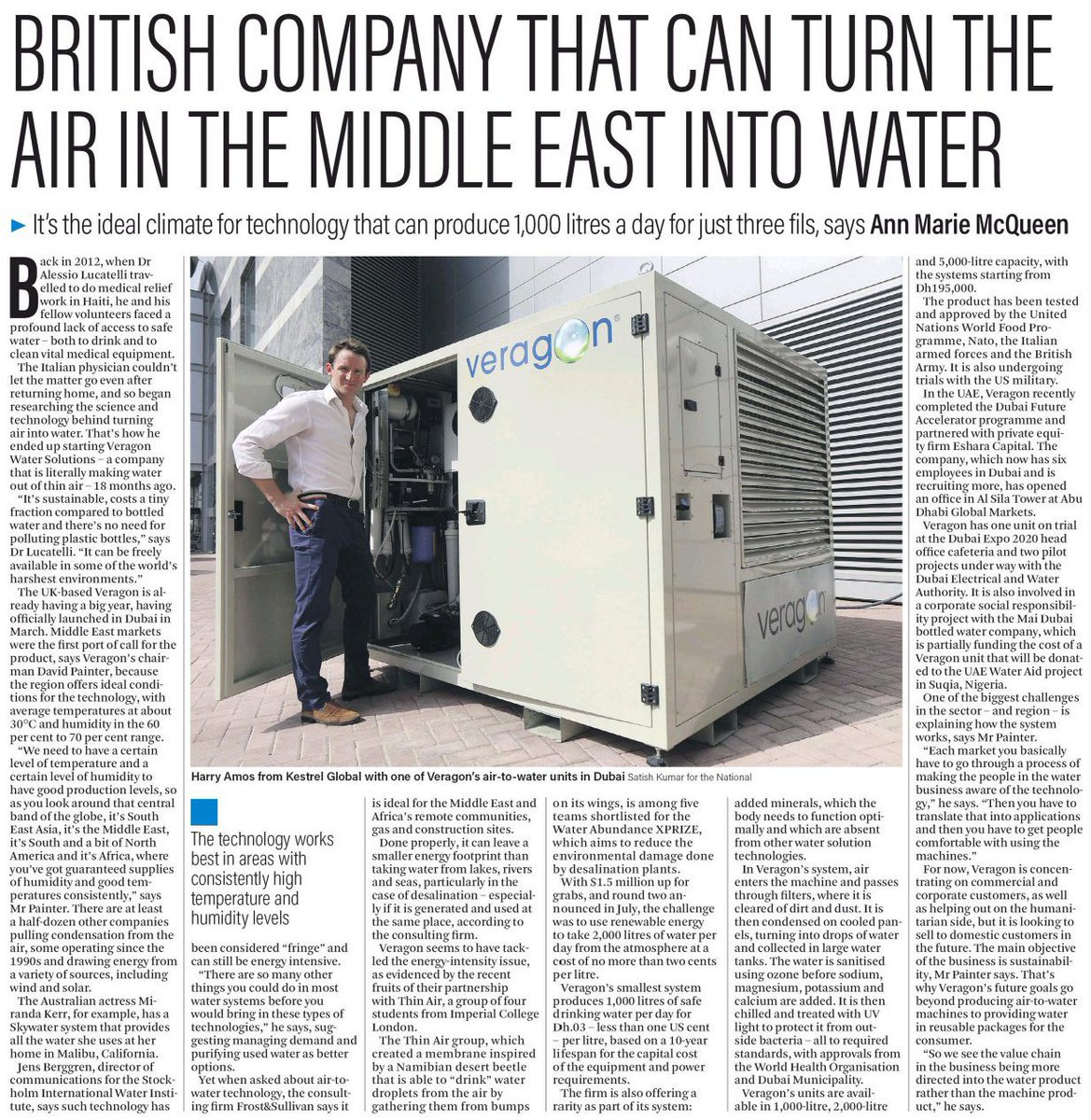 VeragonWater's tweet photo. Great honour to see @VeragonWater featured in a full page article in @TheNationalUAE this week https://t.co/c2aEBAFIta … @DubaiFuture @DEWAOfficial 
#innovation #airtowater #waterfromair #environment #sustainability https://t.co/uvQQofTZL1