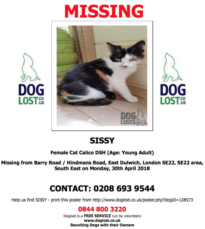 DogLost.co.uk  
#LOST  SISSY
Female #Cat  
#EastDulwich  #London  #SE22 Monday, 30th April 2018   #LostCat  #ScanMe   doglost.co.uk/dog-blog.php?d… <a href="/VetsGetScanning/">MakeChipsCount to Reunite Pets</a> <a href="/SAMPAuk_/">Stolen&Missing Pets</a>