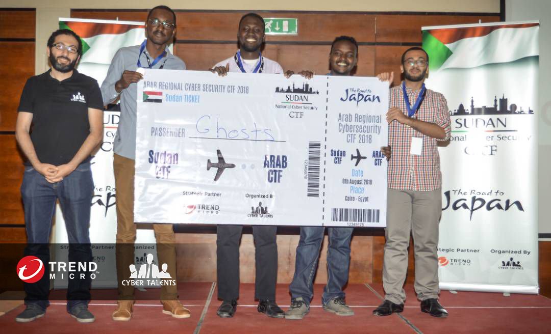Cyber_Talents's tweet photo. Congratulations to "Ghosts" for winning the 1st place at Sudan National Cyber Security CTF 2018.🏆 

Looking forward to seeing you on the 8th of August, in The Arab regional.

#Sudan #CTF #Sudan_National_Cybersecurity_CTF #Trend_Micro #CyberTalents https://t.co/QzobtAQBis