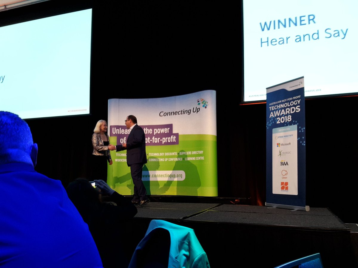 suzri's tweet photo. Hear and Say receive the Not-for-profit Tech Lifetime Service Award #cuawards2018 https://t.co/8S4h6Xjb3z