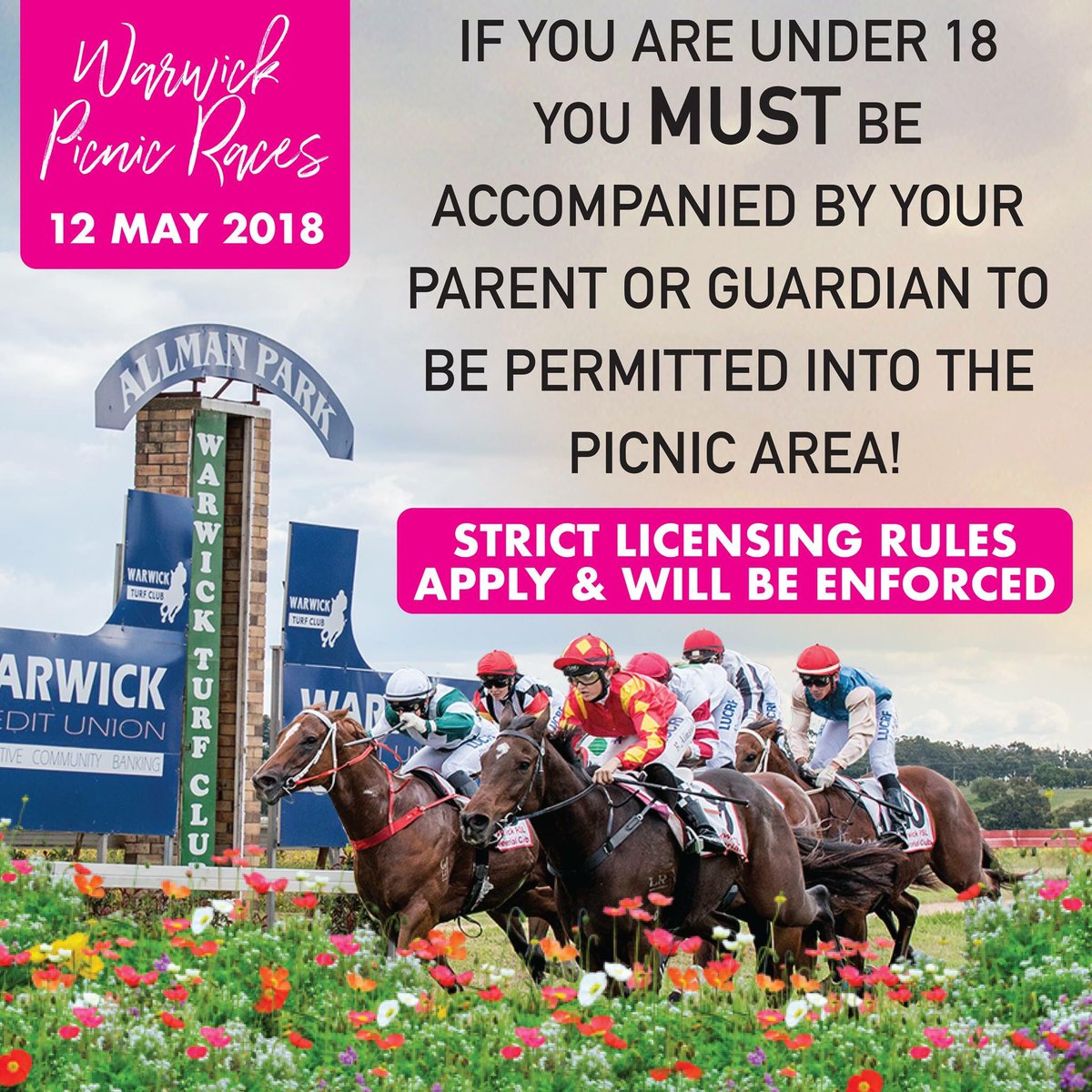 Strict licensing rules apply &amp; will be enforced at the Ergon Energy Warwick Picnic Races 2018! 

Remember if you are under 18 you MUST be accompanied by your parent or guardian! 

#warwickpicnicraces #9daystogo #thisisqueensland #destinationsoutherndowns