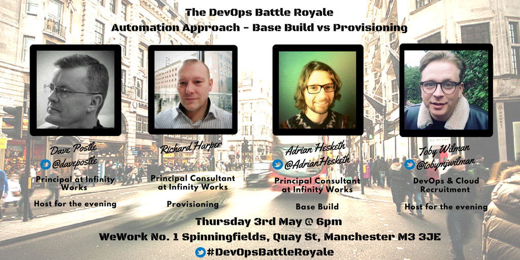 tobymjwilman's tweet image. Tonight&apos;s the night ... who will walk away with the Automation Approach crown? Let &apos;Round One&apos; of the #DevOpsBattleRoyale series commence. 

@MortimerSpinks @InfinityWorks #DevOps #TechManchester #AutomationApproach #BaseBuild vs #Provisioning