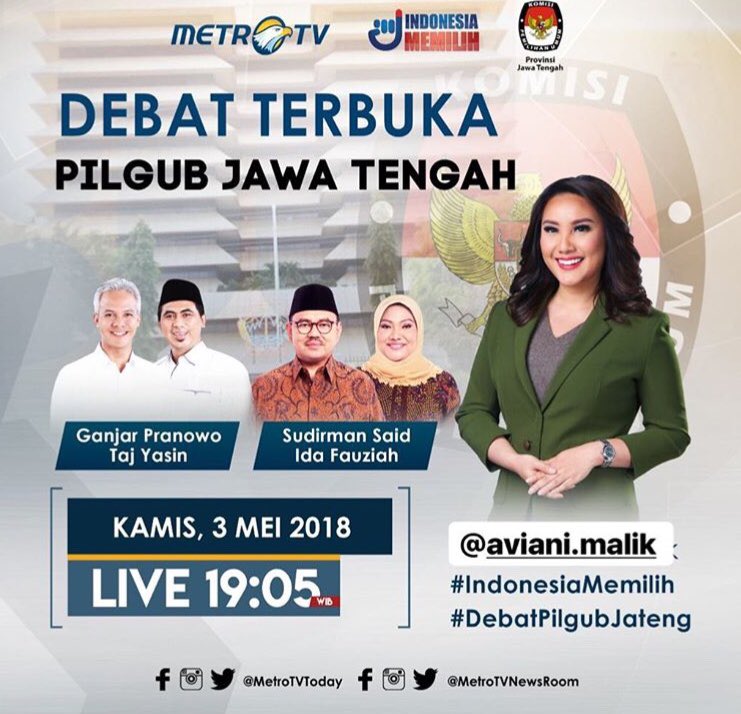 MALAM INI
#DebatPilgubJateng 
<a href="/ganjarpranowo/">Ganjar Pranowo</a> 
Rabu, 3 Mei 2018, LIVE pukul 19.05 WIB di <a href="/Metro_TV/">METRO TV</a>

<a href="/Takviri/">Takviri</a> <a href="/kangdede78/">Dede Budhyarto</a> <a href="/habibthink/">Habib Think</a>