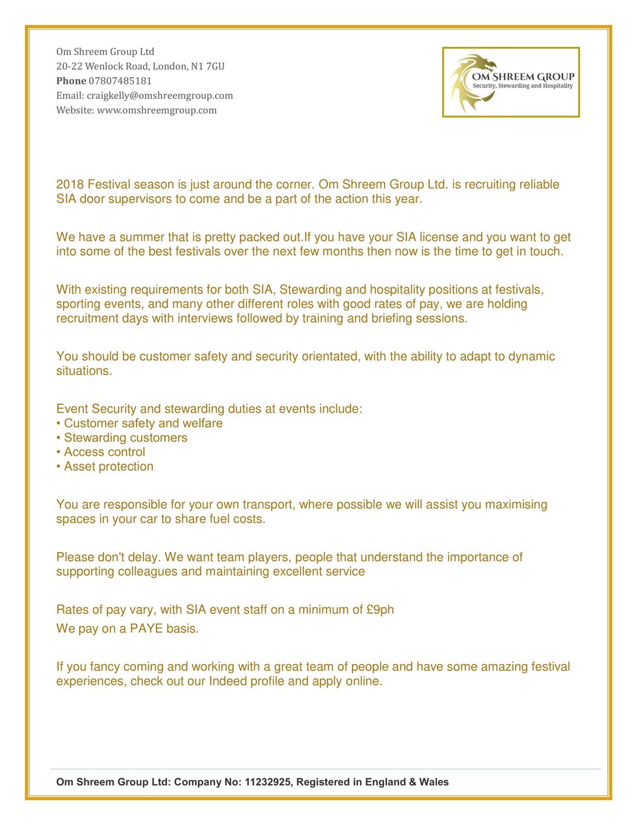 <a href="/OmShreemLtd/">Om Shreem Group Ltd.</a> is #recruiting #SIASecurity #eventsecurity #stewards #StaticSecurity for #Events email: craigkelly@omshreemgroup.com with your #CV for more details.
