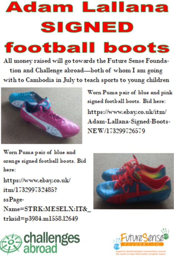 BeccaHurst99's tweet photo. I'm raising money to go to Cambodia in July to teach young children sports and build them sports facilities. To aid my fundraising, I have been donated two pairs of signed football boots by Adam Lallana which I'm auctioning on Ebay
https://t.co/fkRN9om9Hv
https://t.co/yAmP8yqxrq https://t.co/kOBobZDBH6