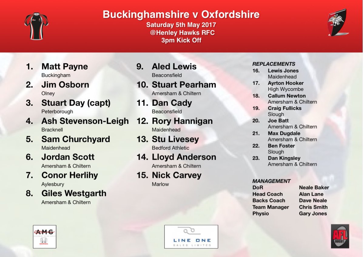 <a href="/BucksRFUNews/">BucksRFUNews</a> <a href="/RDO_Bucks/">RDO_Bucks</a> <a href="/AylesburyRFC/">Aylesbury RFC</a> <a href="/BuckinghamRUFC/">Buckingham RUFC</a> <a href="/olneyrfc/">Olney RFC</a> <a href="/Sloughrfc/">Slough Rugby Club</a> <a href="/beaconsfieldrfc/">Beaconsfield RFC</a> <a href="/HighWycombeRUFC/">High Wycombe RUFC</a> <a href="/ChilternRFC/">Amersham&ChilternRFC</a> @marlowrugby