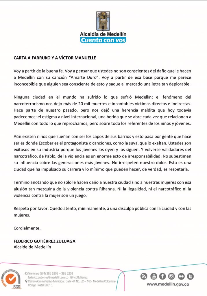 Carta abierta a <a href="/FarrukoOfficial/">.</a> y <a href="/VictorManuelle/">Víctor Manuelle</a> ! Ni la ilegalidad, ni el narcotráfico, ni la violencia contra la mujer es un juego. Respeto por Medellín. Como mínimo esperamos de ustedes una disculpa pública con nuestra ciudad y con las mujeres.