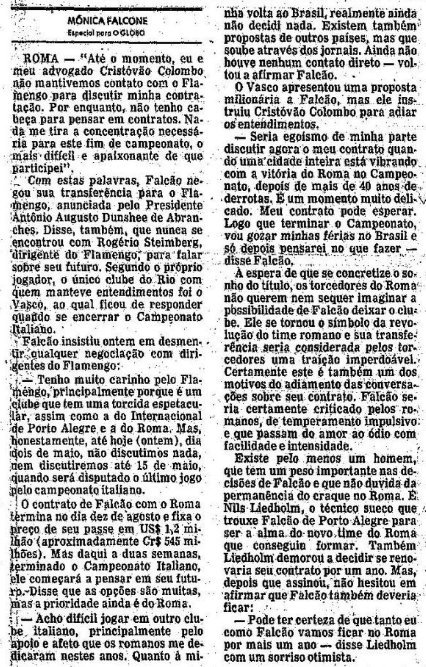 03/05/1983 #flahistoria [📰O Globo] Falcão, em Roma, nega ter sido procurado pelos dirigentes do Flamengo e esclarece: 'Tenho uma proposta do Vasco'