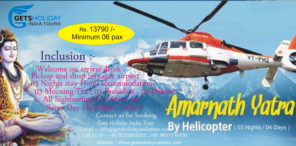 GetsHoliday's tweet photo. #Amarnath #Yatra #By #Helicoper 
03/Nights / 04 Days 

Contact us at :-
Gets Holiday India Tour 
Email id :- info@getsholidayindiatour.com
call us at :- + 91 8532003202 , +91 9837339700 .
website :- https://t.co/bBmibwzcxs https://t.co/dUpfP1OTZG