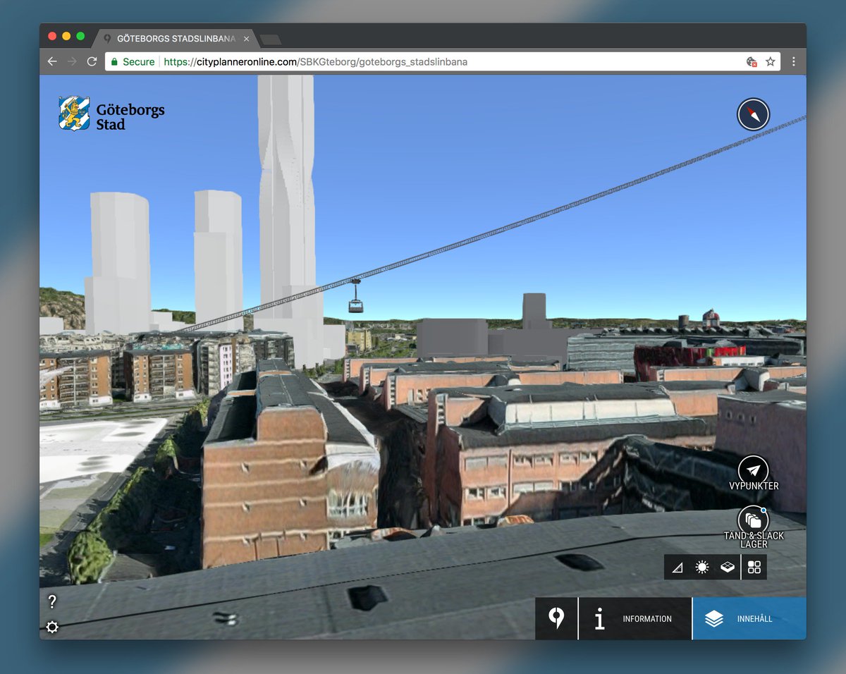 Agency9's tweet photo. Visualise @Goteborgs_Stad's Gondola Line in 3D! 🚡🚡🚡 Visit the Urban Planning Dept's project page, in Swedish, with a link to the #CityPlanner project: https://t.co/a7UGS68C2I #linbana #GöteborgsStad @VartGoteborg https://t.co/jAP1G060Nb
