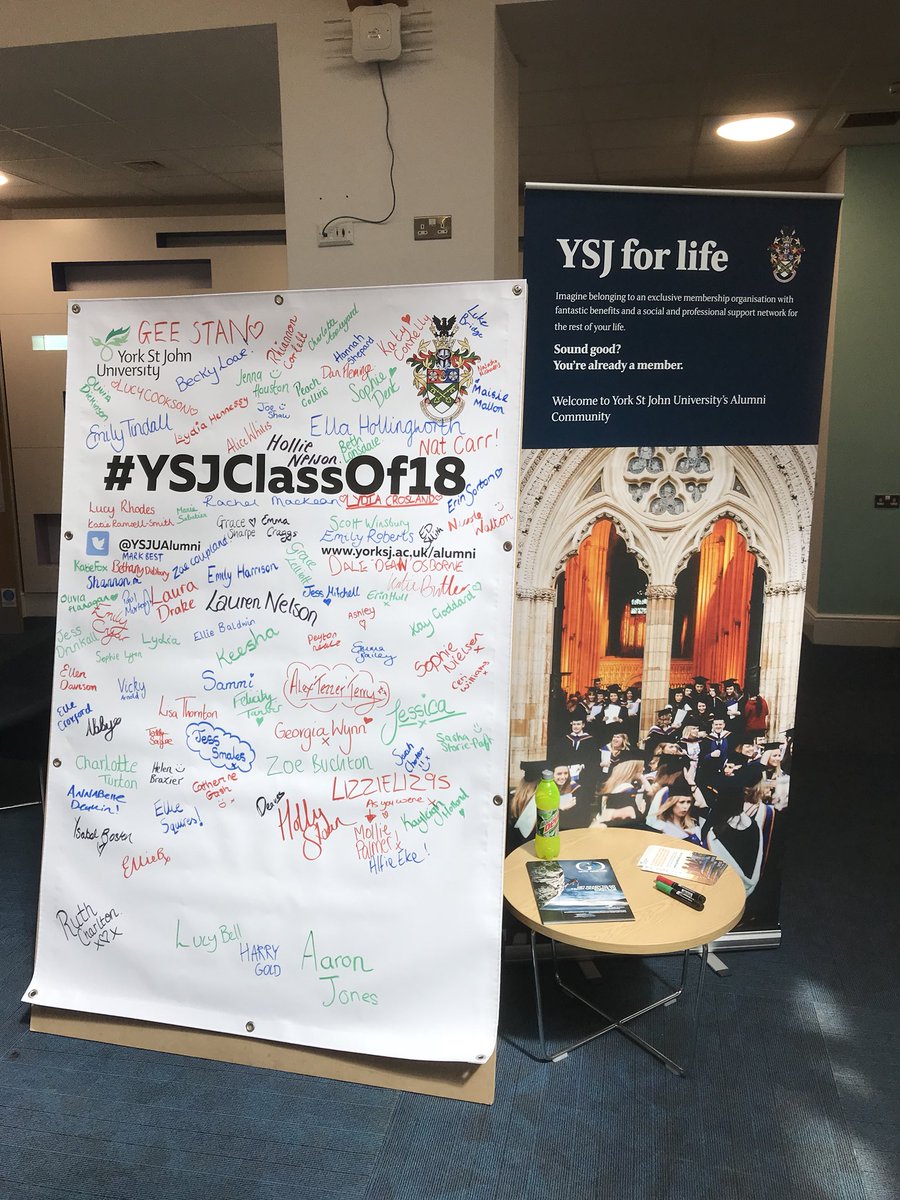 YSJUAlumni's tweet photo. The #ysjclassof18 banner is back! come and find it in Holgate this afternoon @YorkStJohn @YSJSU_Pres @YSJSU https://t.co/2Il06kJkOM