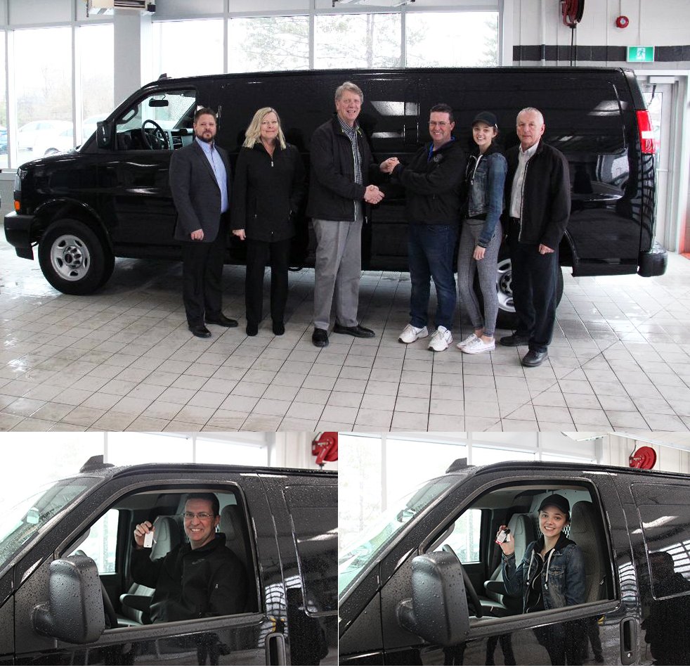 CMPXShow's tweet photo. CMPX 2018 attendee Mike Cliffe drives home in a new @GMCcanada Savana Van with custom racking interior by @farmbroinc after his winning ballot was drawn tab the close of the #CMPX2018 show. Congratulations, Mike! @HRAI_Canada @ApplewoodAuto https://t.co/QYXg5mfcQn
