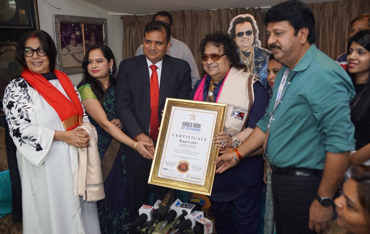 WBR_London's tweet photo. Bollywood Leading Music Director #BappiLahiri of India has been included in #worldrecords for Immortal Song "Jimmi - Jimmi" across the world and Originator of the Disco Beat in Indian Cinema by World Book of Record #London at #Mumbai (Maharashtra) https://t.co/QNbnC42P9v