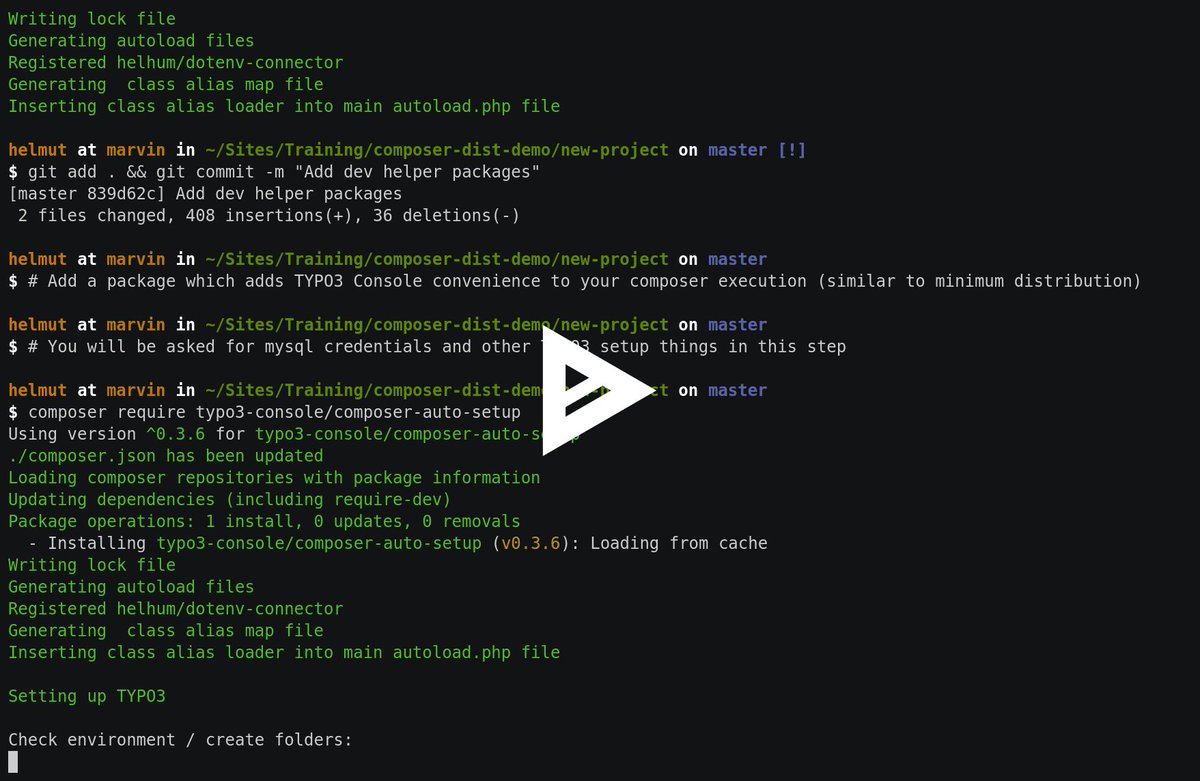 helhum's tweet photo. Here is the step by step walkthrough to set up a decent TYPO3 Composer distribution from scratch:

https://t.co/fhVtXHCeRL

Terminal recording session:
https://t.co/Mu8bJfBfjZ

#TYPO3 #t3cs https://t.co/uxNBMmM7gj