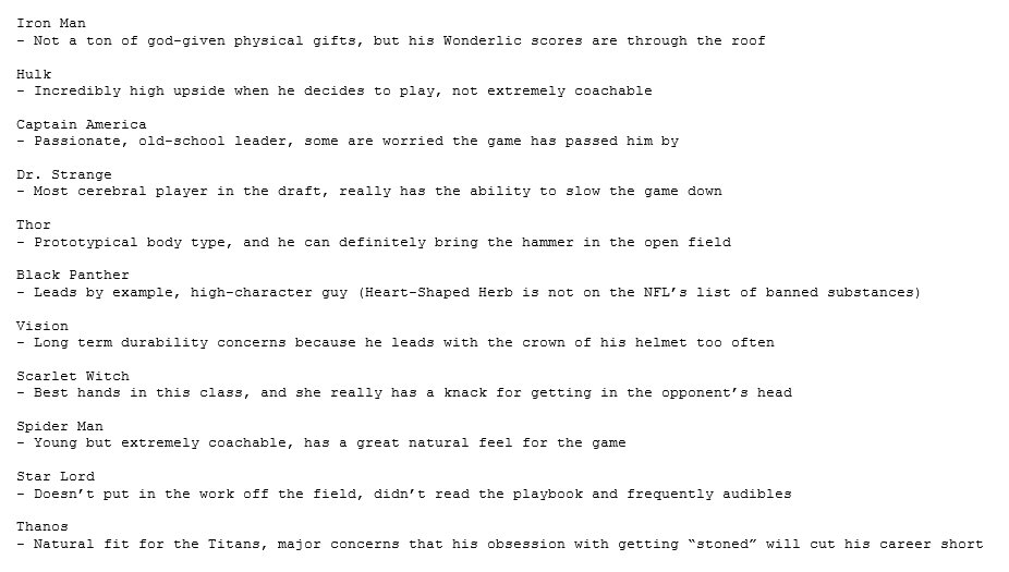 brettperrotta's tweet photo. My contribution to @GolicAndWingo today... Avengers characters broken down like NFL Draft prospects https://t.co/mAOPrKDhKh