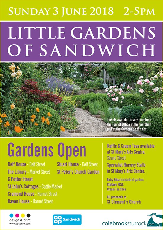 Sun 3rd June - Little Gardens of Sandwich - 2pm to 5pm -  chance of a private peak at six very different gardens set behind ancient medieval walls in the centre of Sandwich. please see large poster pdf for details:
tinyurl.com/littlegardens