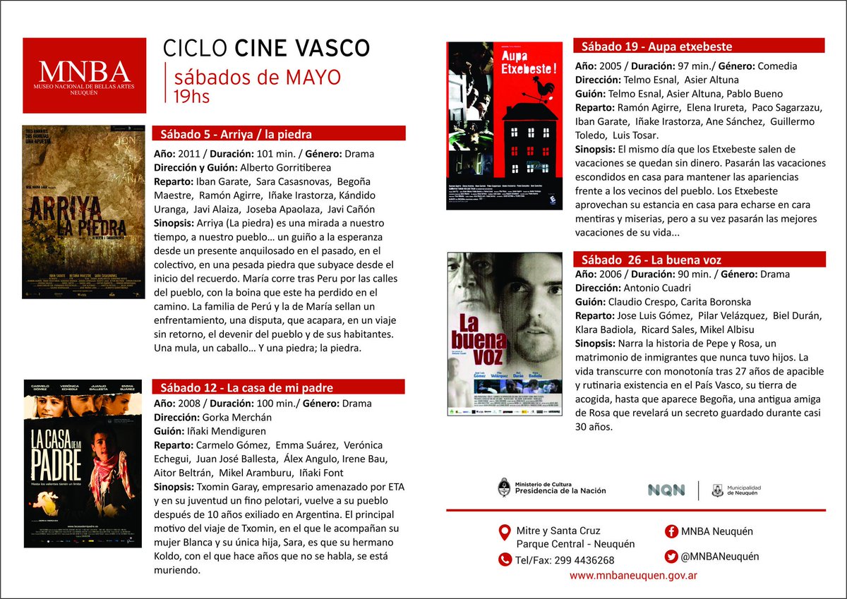 Cine Vasco en mayo en el <a href="/MNBANeuquen/">MNBA Neuquen</a> 
Sábados 19 hs. -  Entrada libre y gratuita