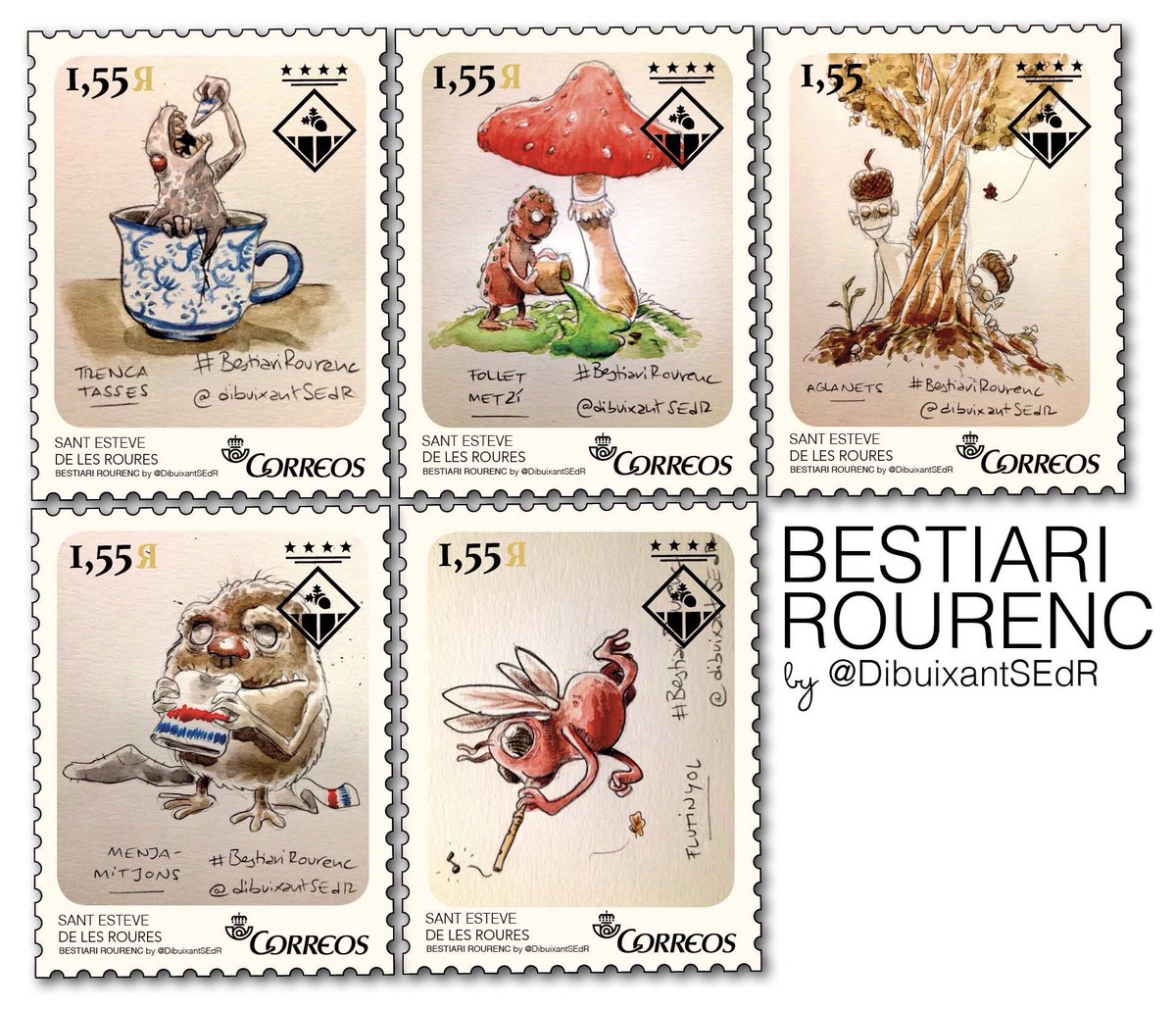 Aquest matí, un petit homenatge a <a href="/DibuixantSEdR/">El dibuixant d'aquell poble</a> pel seu acurat estudi sobre el bestiari rourenc. Un altre dia estudiarem les bèsties de foravila... (Segells inclosos a l’album de @laveudesesteve de diumenge)