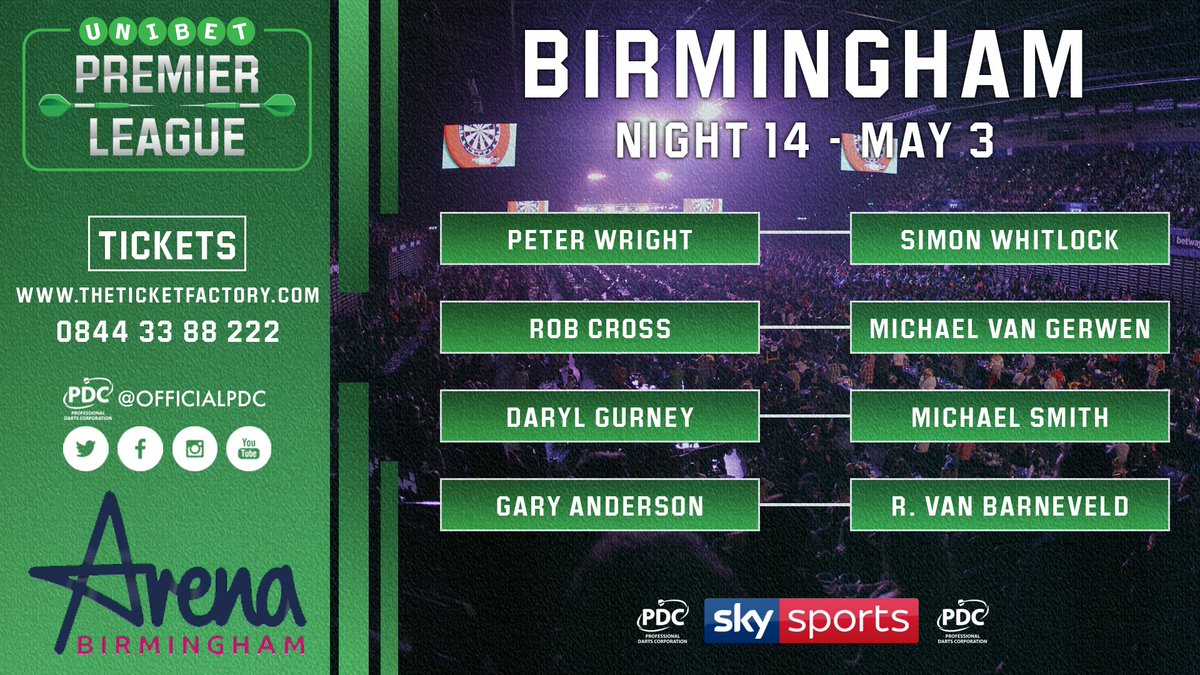 OfficialPDC's tweet photo. BIRMINGHAM!

We are on our way for NIGHT 14 of the @unibet Premier League. Here's the games you have to look forward to!

TICKETS ➡️ https://t.co/umjQbG8uE9

#Unibet180 https://t.co/Ym3p3qf3m7