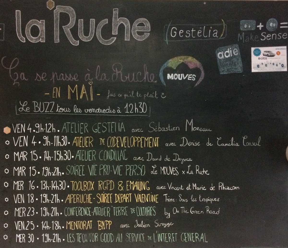 Ce qu'il se passe en Mai à @la_ruche_bordeaux 🗓 
Les événements en vert sont ouverts à tous !  ✅ 

💡Et comme tous les vendredis, retrouvez-nous à partir de 12h30 pour le Buzz !