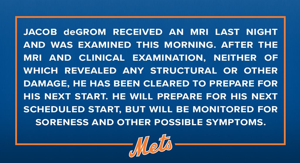 Mets's tweet photo. Update on Jacob deGrom. #Mets https://t.co/iyF7zSSJN6