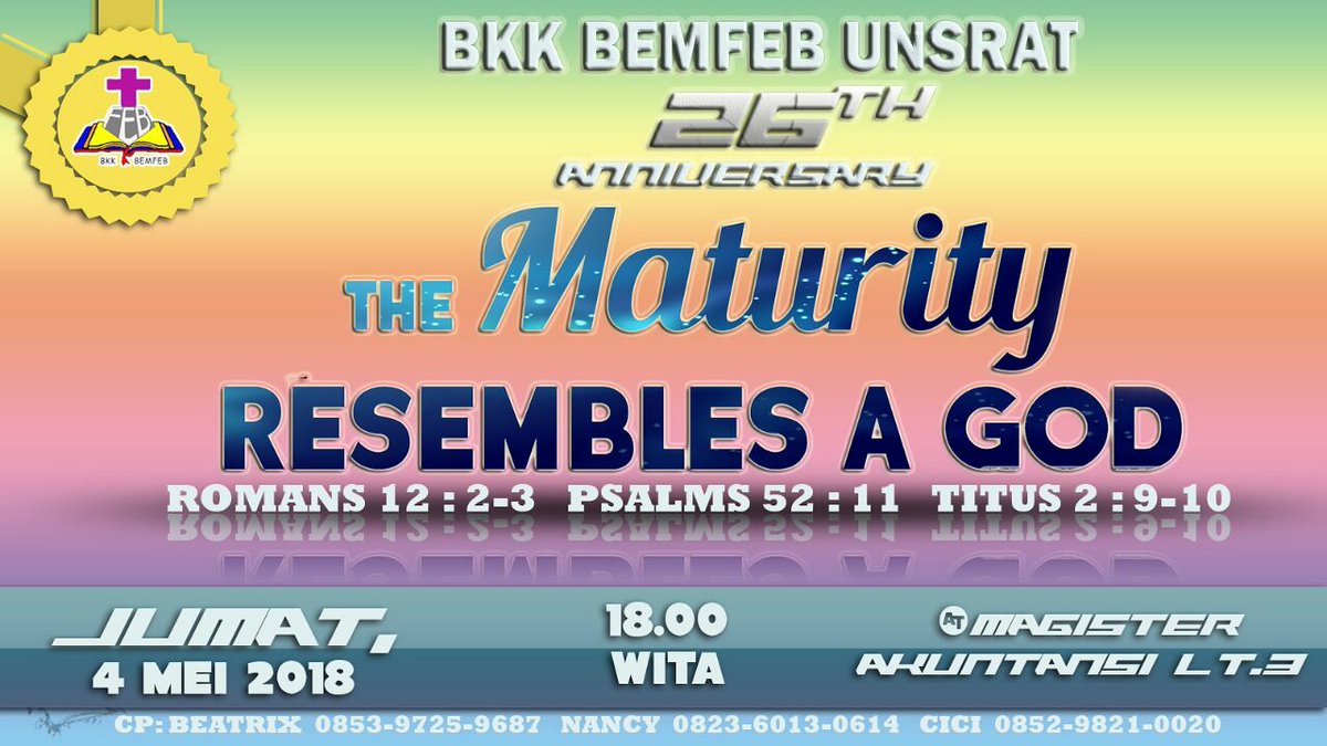 Syalom...
Diundang dengan penuh kasih kepada seluruh teman-teman dan kakak-kakak untuk dapat hadir dalam Acara HUT BKK pada besok hari :
Jumat, 4 Mei 2018
Jam 18.00 WITA
<a href="/Gedung/">Hidarman</a> Magister Akuntansi Lantai 3

Jangan lupa datang ya..
Tuhan Yesus memberkati 😊