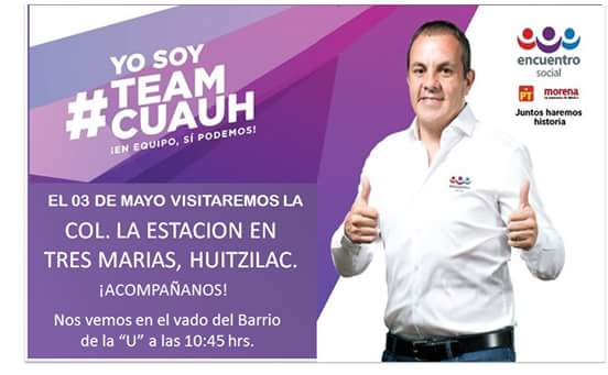 Te esperamos hoy 10:45am en 3 Marías, mpio de Huitzilac, Acompañemos a nuestro candidato.

#JuntosHaremosHistoria