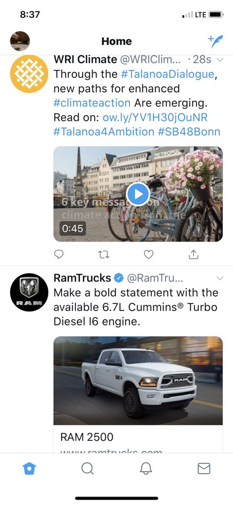 SachaSpector's tweet image. Wait, is twitter deliberately trolling me? Side by side, a tweet from the WRI about the U.N. climate negotiations in Bonn, and next a promoted ad for a 6.7L turbo diesel pickup truck?
#AlgorithmFail
