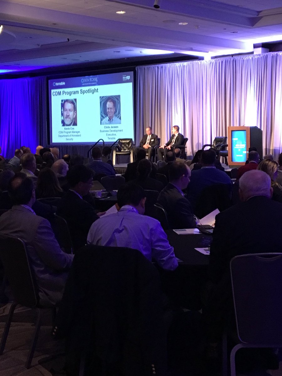 TenableSecurity's tweet photo. Kevin Cox of the DHS and Tenable’s Chris Jensen kick off #TenableGovEdge with a discussion on #CDM DEFEND https://t.co/7AQCpwd59A