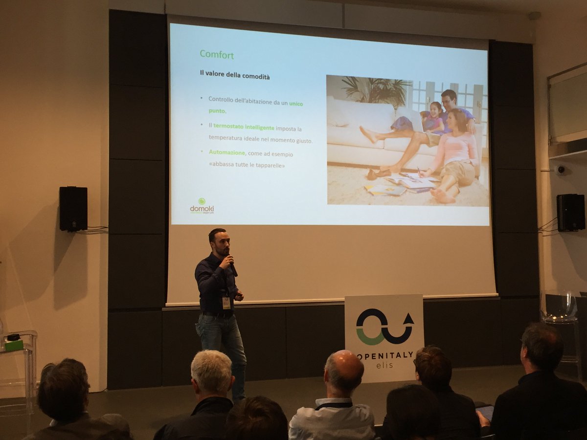 centroELIS's tweet photo. Si parla di #domotica con @almadomus ad #OpenItalyELIS:
"La gente chiede maggior confort, risparmio e sicurezza: noi abbiamo sviluppato #domoki, un servizio 'all in one'. Si attiva a controllo vocale o da smartphone e porta a un 30% di risparmio sulla bolletta elettrica". https://t.co/7nTK8EUfQF