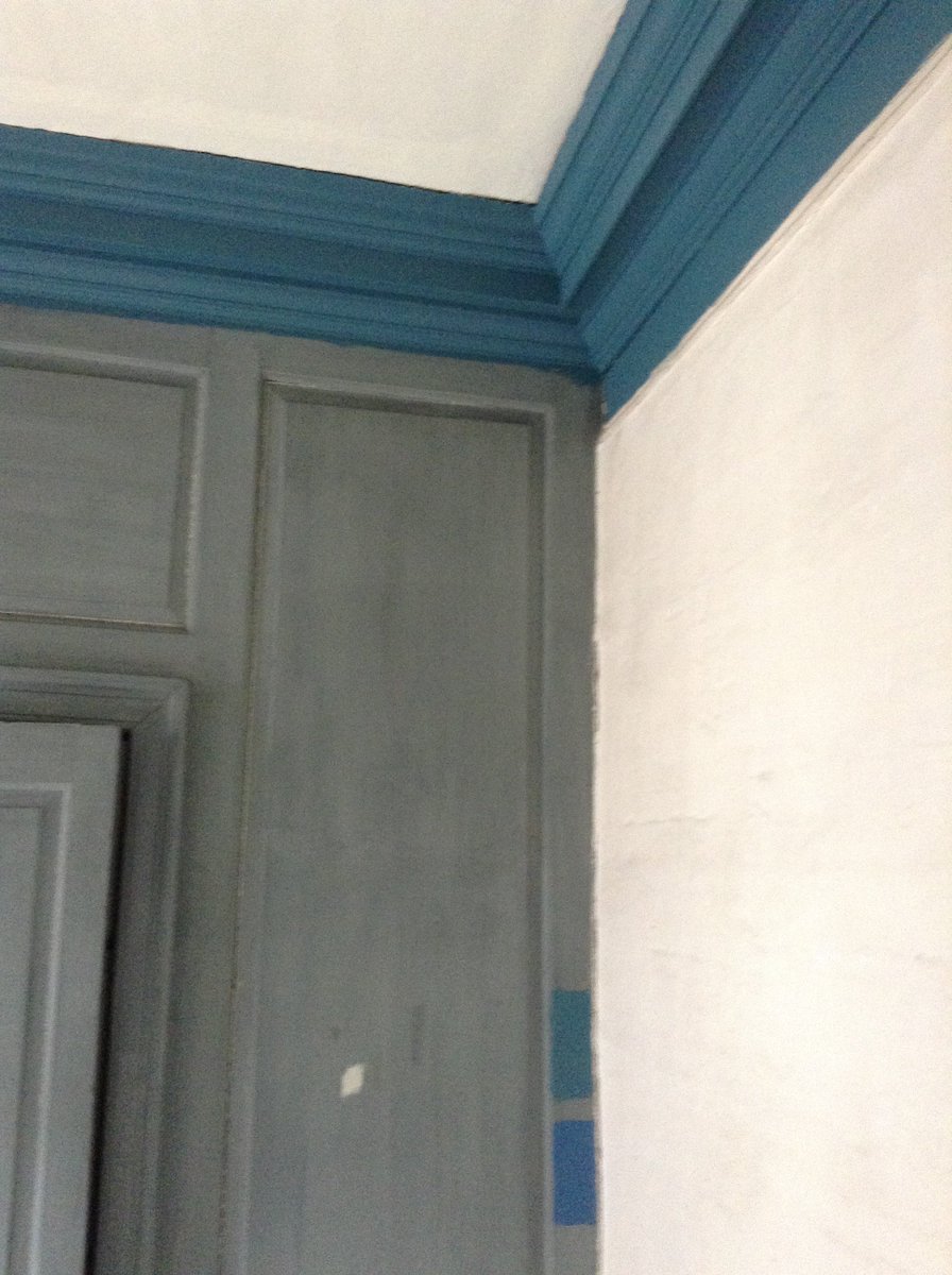 After much study and research,  priming has begun on the southwest bedchamber, which appears to have been a shade of Prussian blue after mid-18th century.  Adelphi wallpaper will complete the room later this summer.