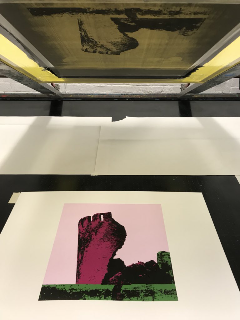 designerdave55's tweet photo. There we go. The black down and pulling it all together @ThePrintHaus.  A familiar view with an unfamiliar treatment, putting a different slant on the leaning tower at @Caerphilly_Cadw Castle. They’ll be in black frames to set off the colours #framedprints #cardiff #wales https://t.co/EIFuoiKRcG