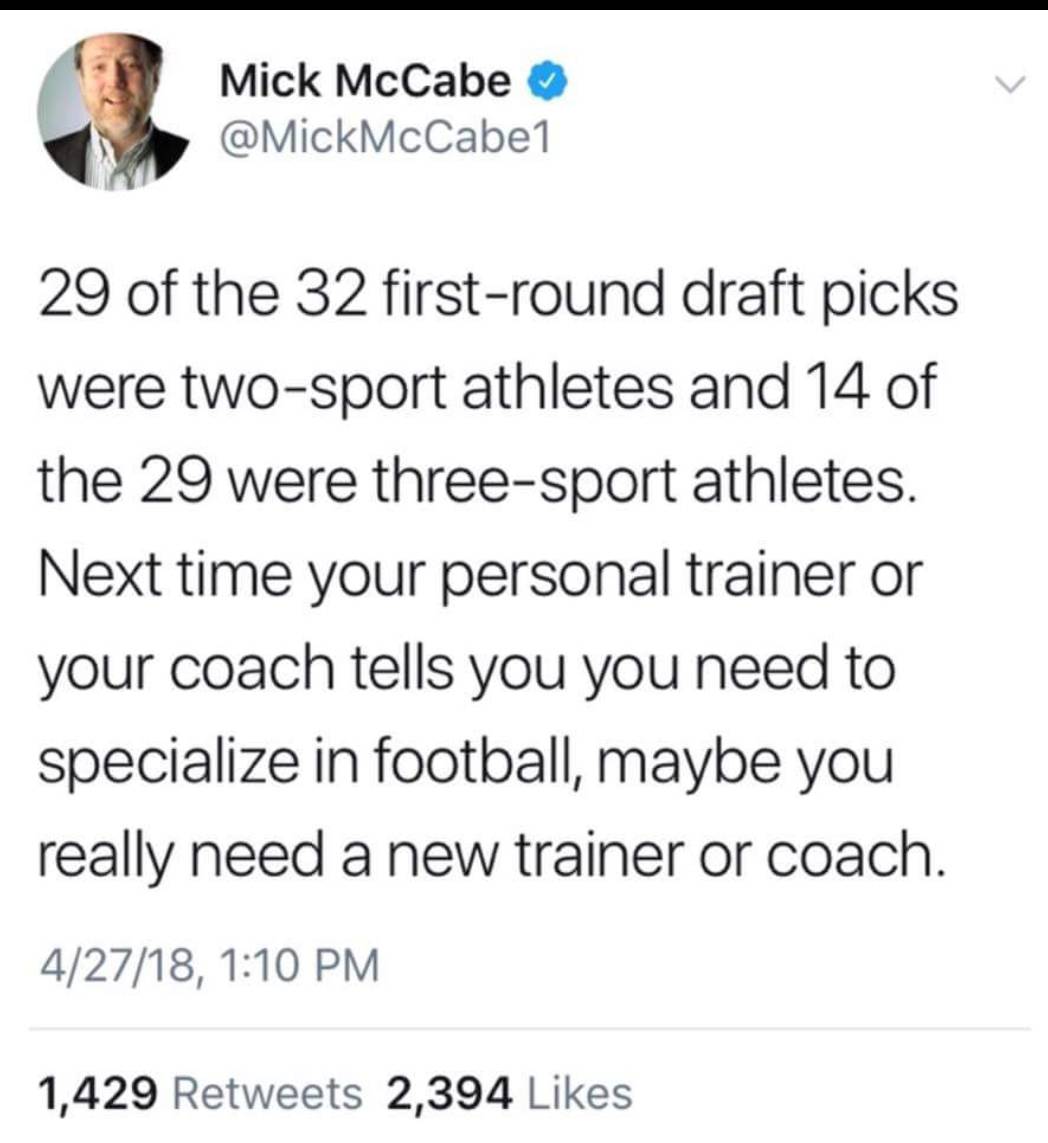 TruePathAthlete's tweet photo. Athletes, don't be afraid to branch out! Learn a new sport, you'll be surprised at what that can mean for your "main" sport. Don't specialize, be well-rounded!
#B4Fam #NFLDraft2018 #TrustTheProcess https://t.co/6nQBdZ9inA