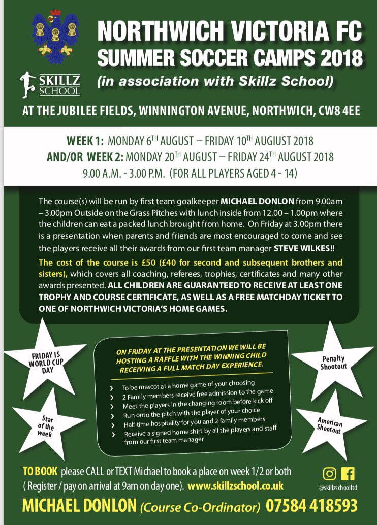 We are delighted to be working alongside <a href="/NorthwichVicsFC/">Northwich Victoria F.C</a> this summer!! Book early as places are limited for both weeks!! #summer #Northwich #soccer #camp