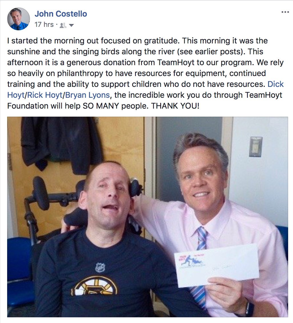 costello_j's tweet photo. #teamHoyt #HoytFoundation #Gratitude #Bostonchildrensaugmentativecommunication #BCHACP We rely SO heavily on philanthropy to have resources for equipment, improved patient care and continued training. The incredible generosity of the TeamHoyt Foundation will help SO MANY people. https://t.co/xd56qSTQTx