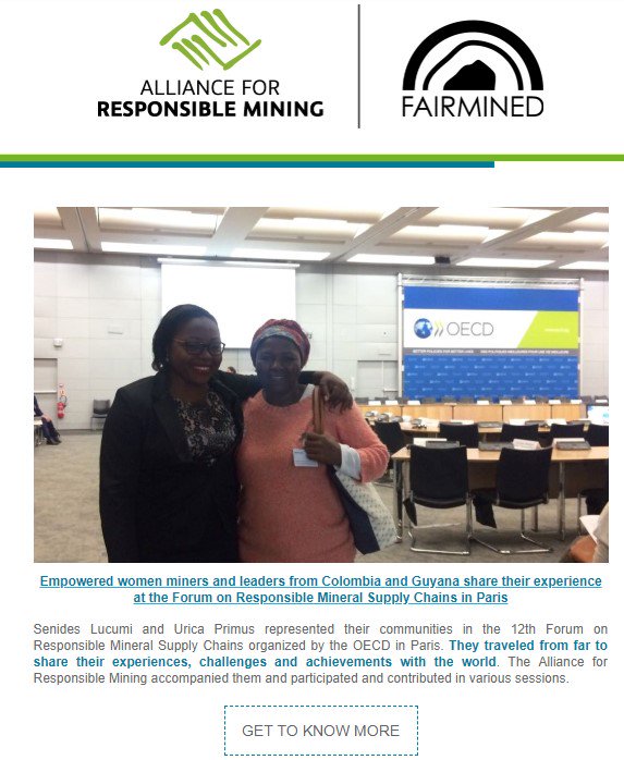 In ARM's #newsletter you will find info about the #OECDminerals Forum, empowered women, an exchange #mining experience, a #publication about #supplychains in West #Africa, Cristina Echavarria's #blog on #water,and #mining, #communitystories and much more > goo.gl/Q6sL1k