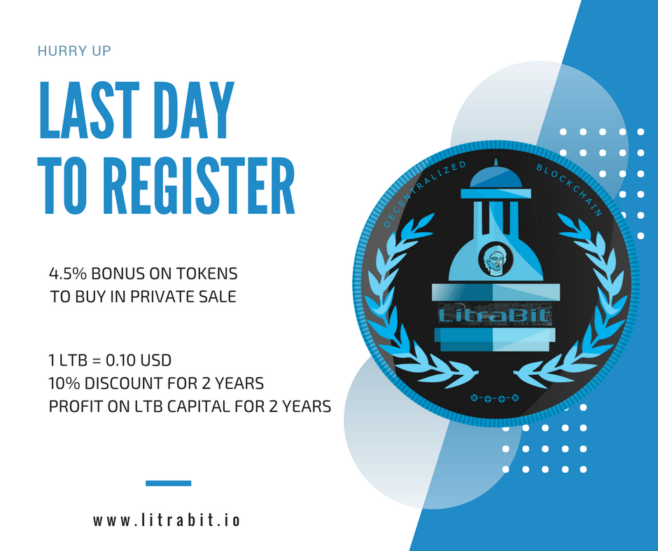 Last Day To Register
Register now and get 4.5% bonus on the tokens you buy in private sale.

Register Here 
goo.gl/forms/cmYMwtst… …

#Airdrop #ICO #PRESALE #Blockchain #LitraBit #Top10 #ERC20 #ethereum #bitcoin #Bounty #Bitcoin #Ripple #LitraBit #PrivateSale #Sale